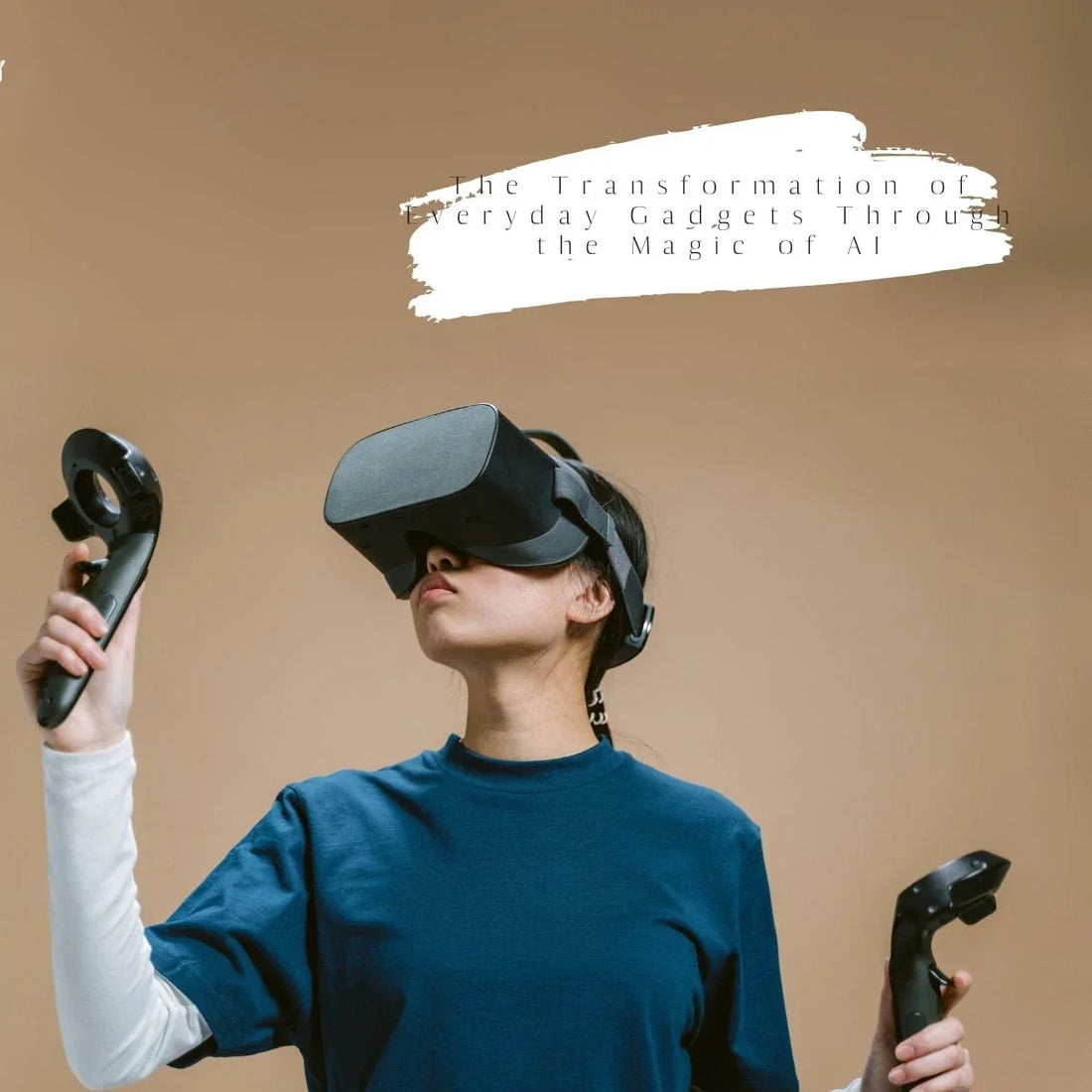 Person wearing a VR headset and holding controllers, showcasing AI-powered immersive technology.