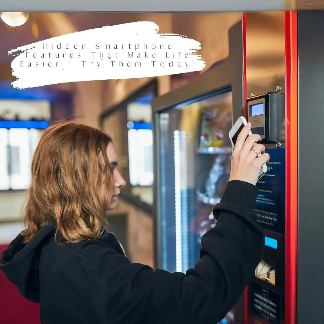 Person using a smartphone to interact with a digital vending machine, showcasing hidden smartphone features for convenience.