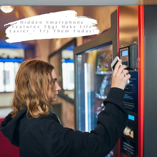 Person using a smartphone to interact with a digital vending machine, showcasing hidden smartphone features for convenience.