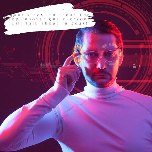Man with futuristic smart glasses and holographic interface, representing top tech innovations of 2025.
