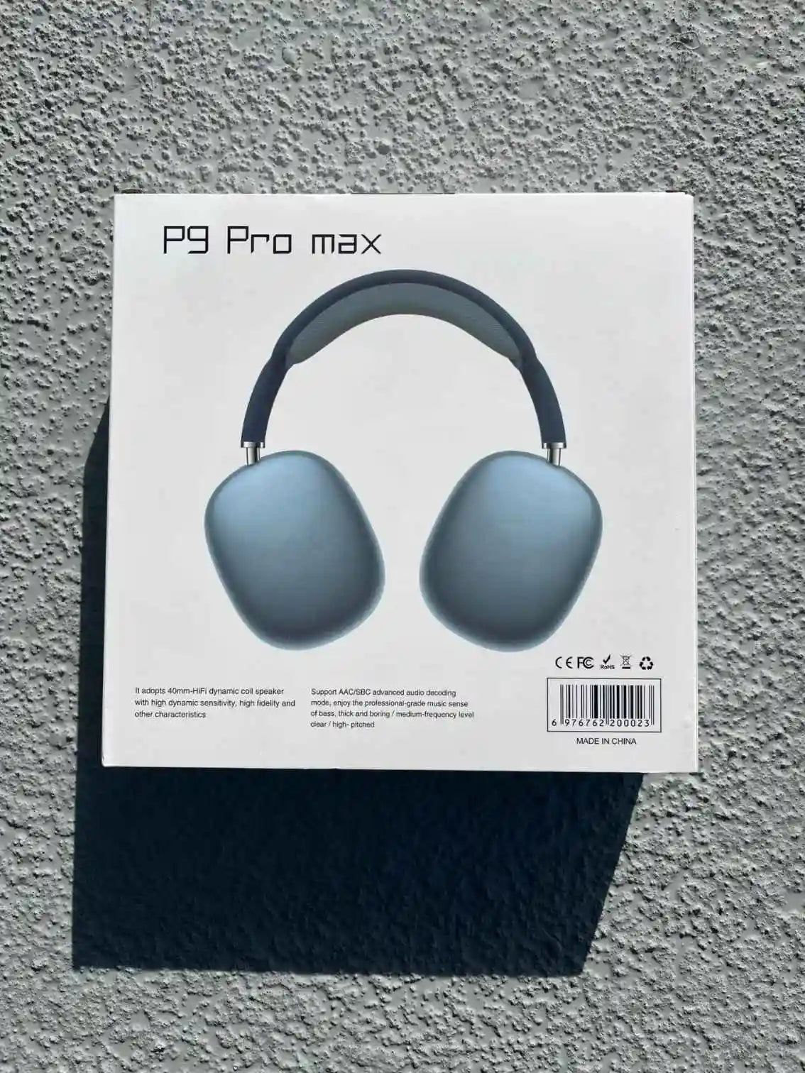 Back view of Blue P9 Pro Max Bluetooth Headphones Packaging.