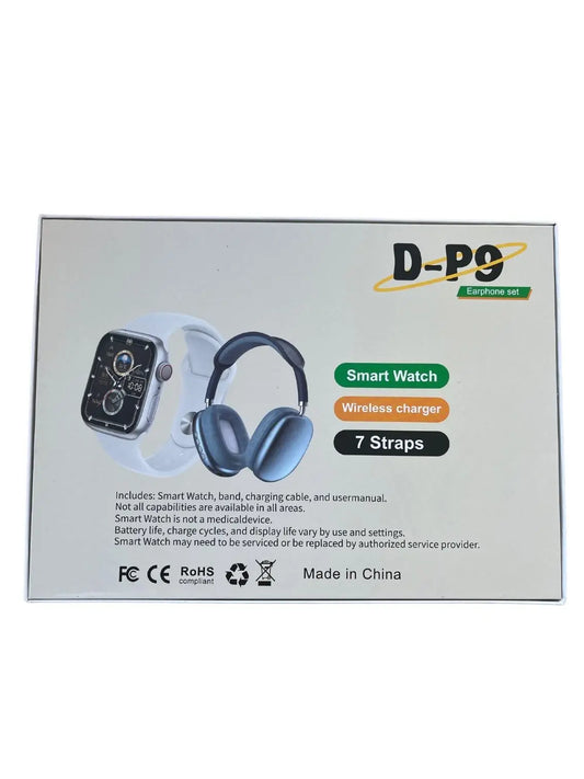 D-P9 Smartwatch & Wireless Headphones Set | 2.2” Display, 7 Straps, Speaker & Wireless Charger