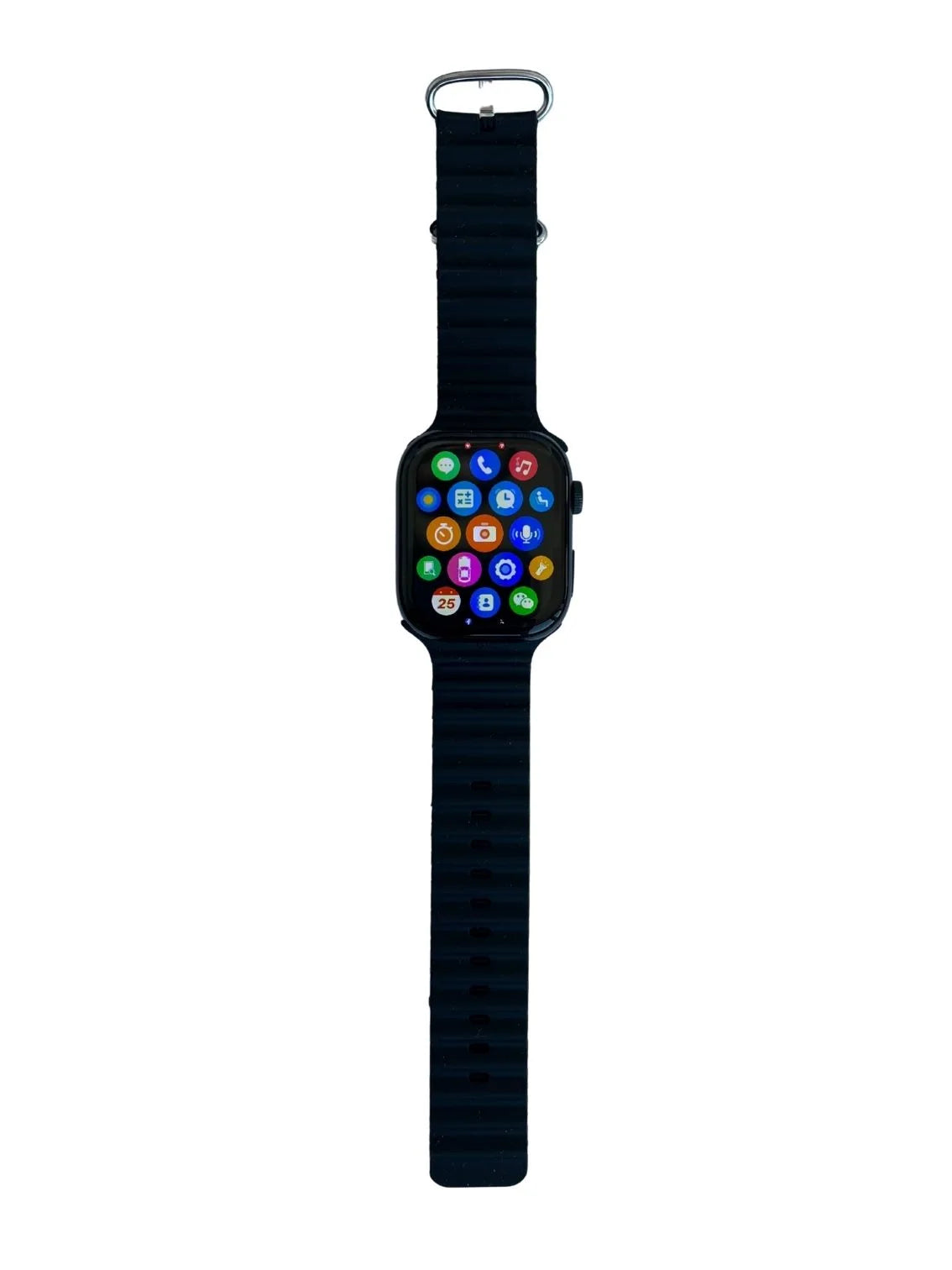 Black smartwatch with colorful display on a white background.