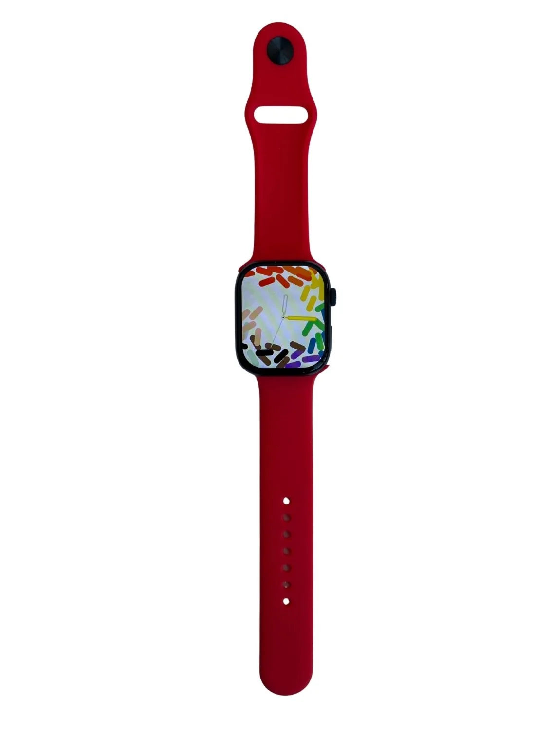 Smartwatch with a red band on a white background.