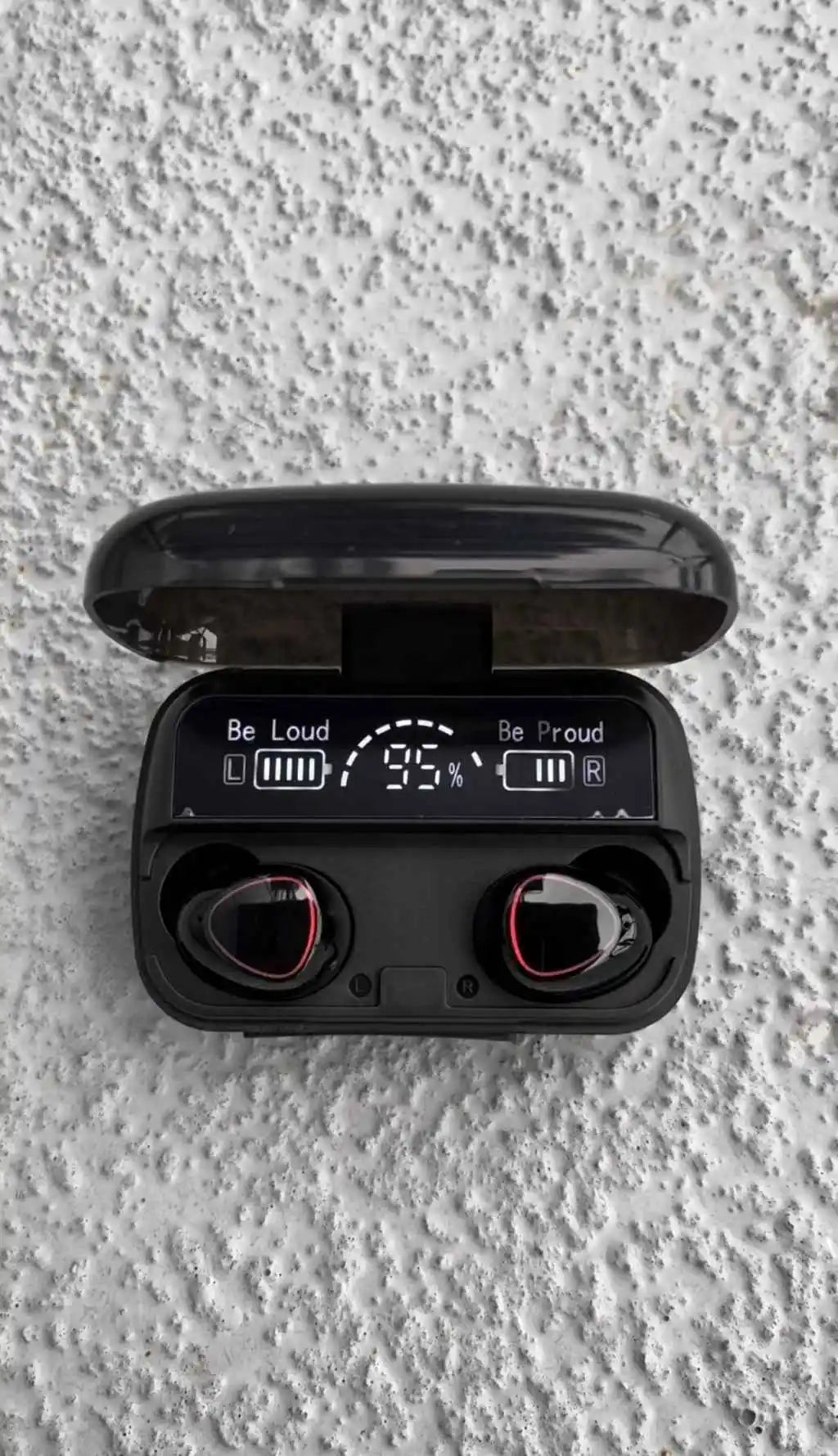 Wireless earbuds with charging case featuring digital battery display, perfect for music and calls.