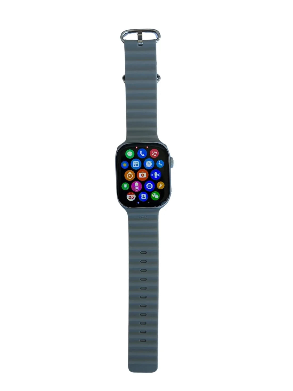 Smartwatch with a gray band on a white background.