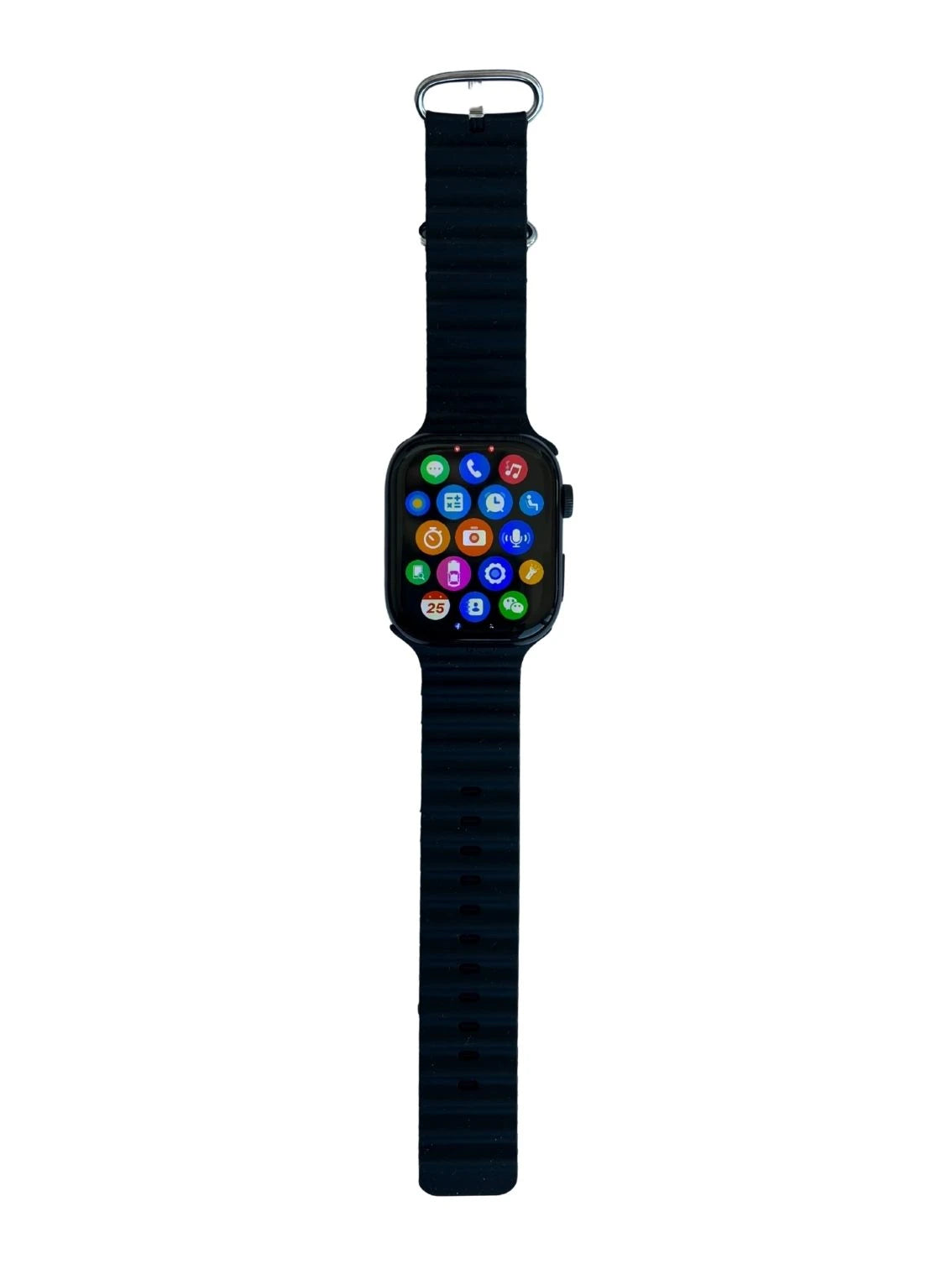 Black smartwatch with a colorful display on a white background.