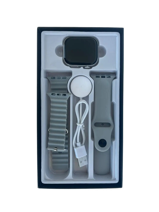 Smartwatch set with watch, band, and cable in packaging on a white background.