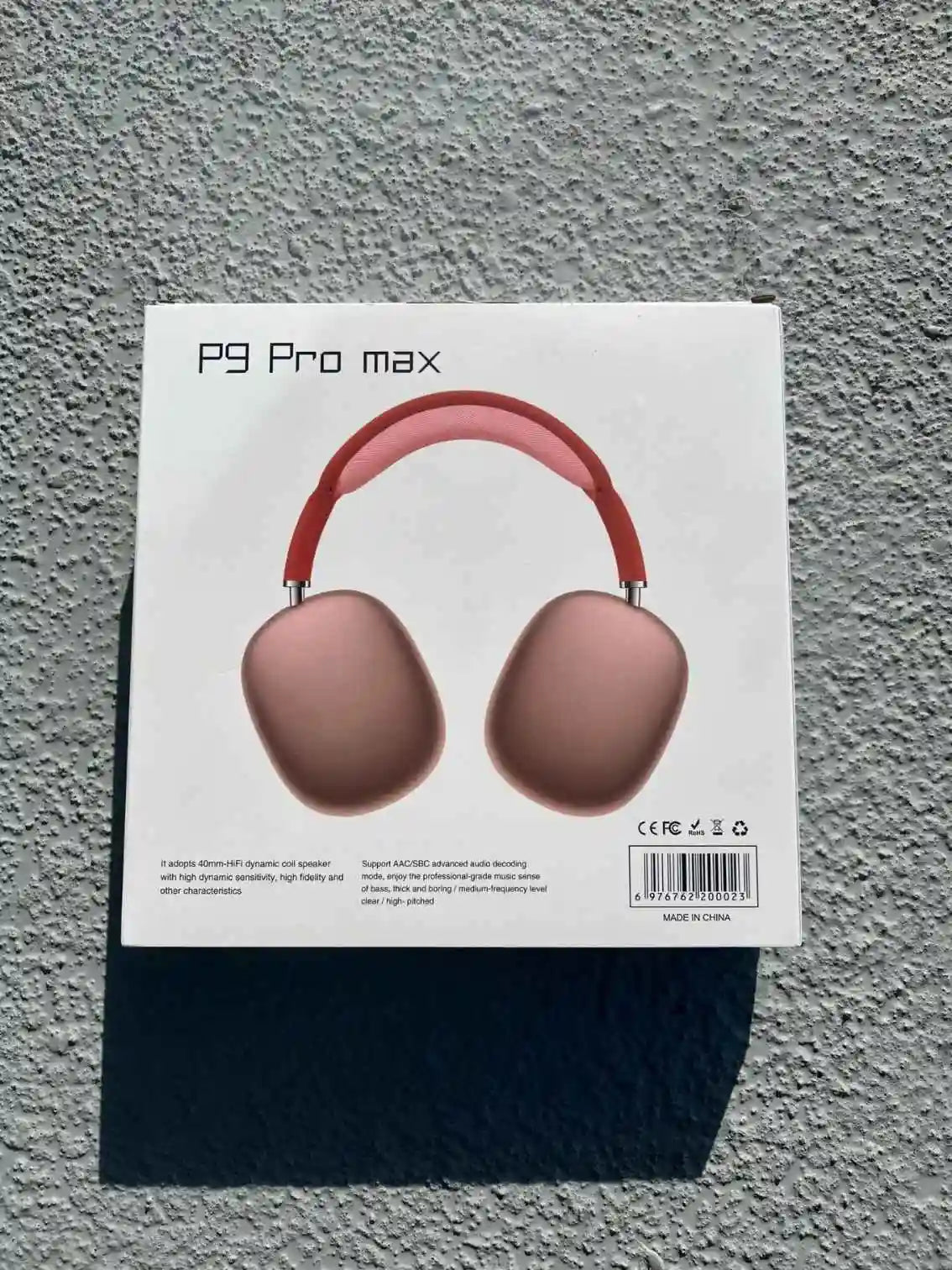 Back view of P9 Pro Max Pink Headphones packaging with specifications.