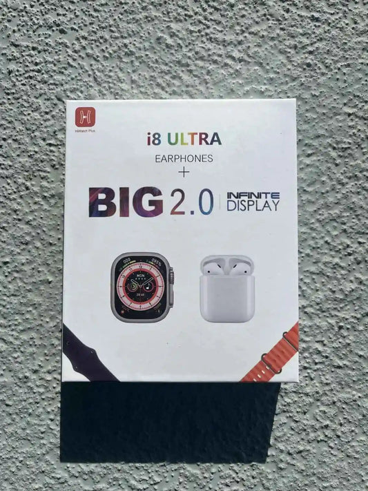 The i8 Ultra smartwatch and earphones are set with BIG 2.0 infinite display, as shown in the original packaging on a textured background.