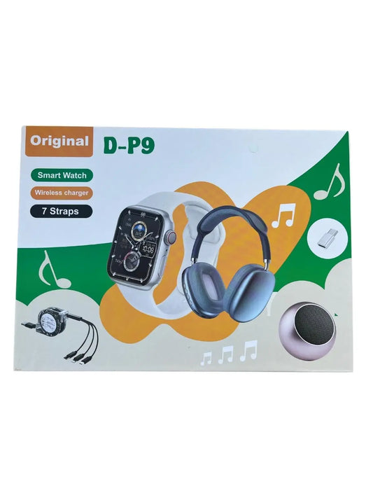 D-P9 Smartwatch & Wireless Headphones Set | 2.2” Display, 7 Straps, Speaker & Wireless Charger