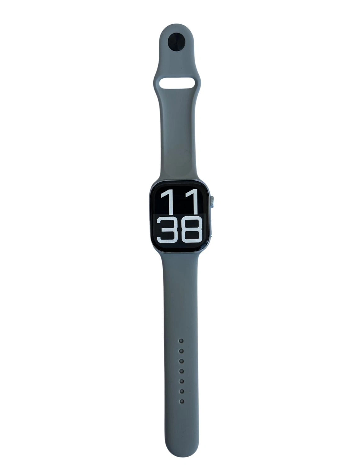 Smartwatch with a gray band on a white background.