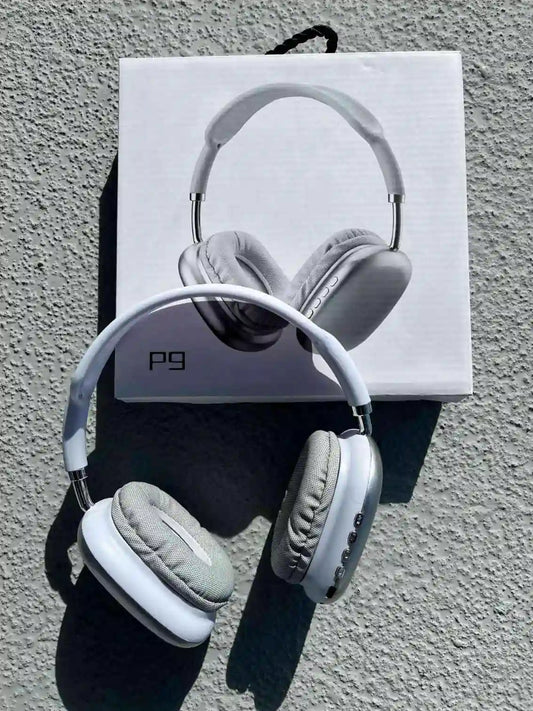 Stylish best Bluetooth p9 wireless over-ear headphones in silver colour on the box.