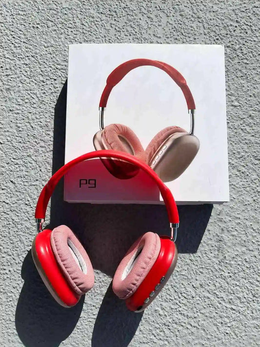 Stylish wireless over-ear headphones p9 in red colour, on the box.