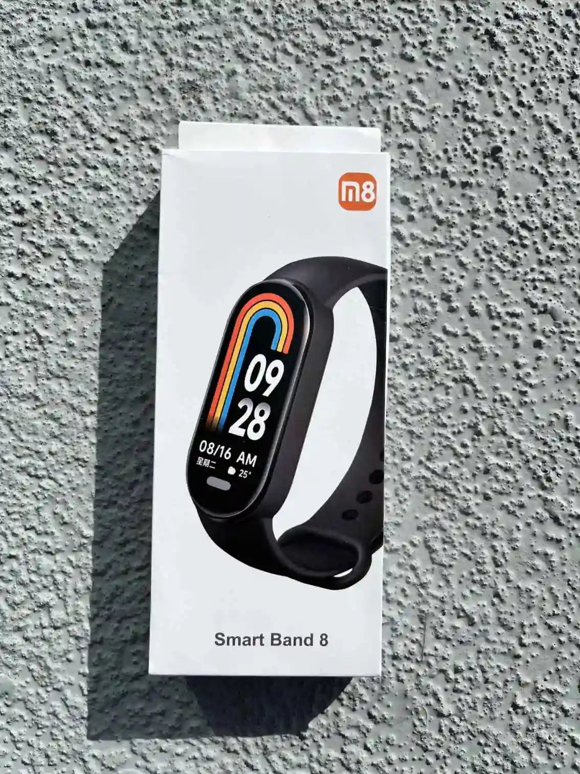 Smart Band 8 smartwatch box with a vibrant display, ideal for fitness tracking.